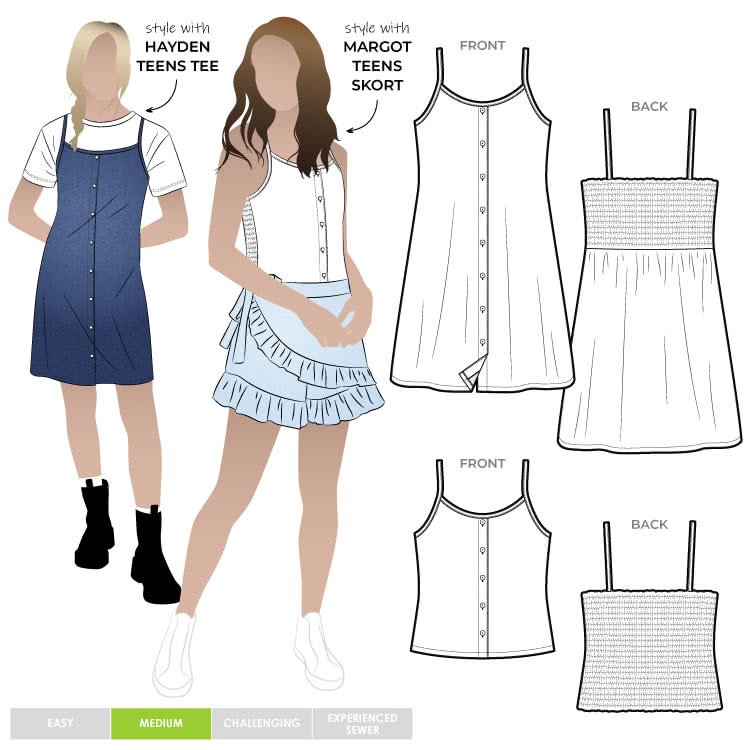 Penny Teens Dress Top By Style Arc - Short swing dress or top with shirred back bodice and rouleau straps, for teens 8 - 16