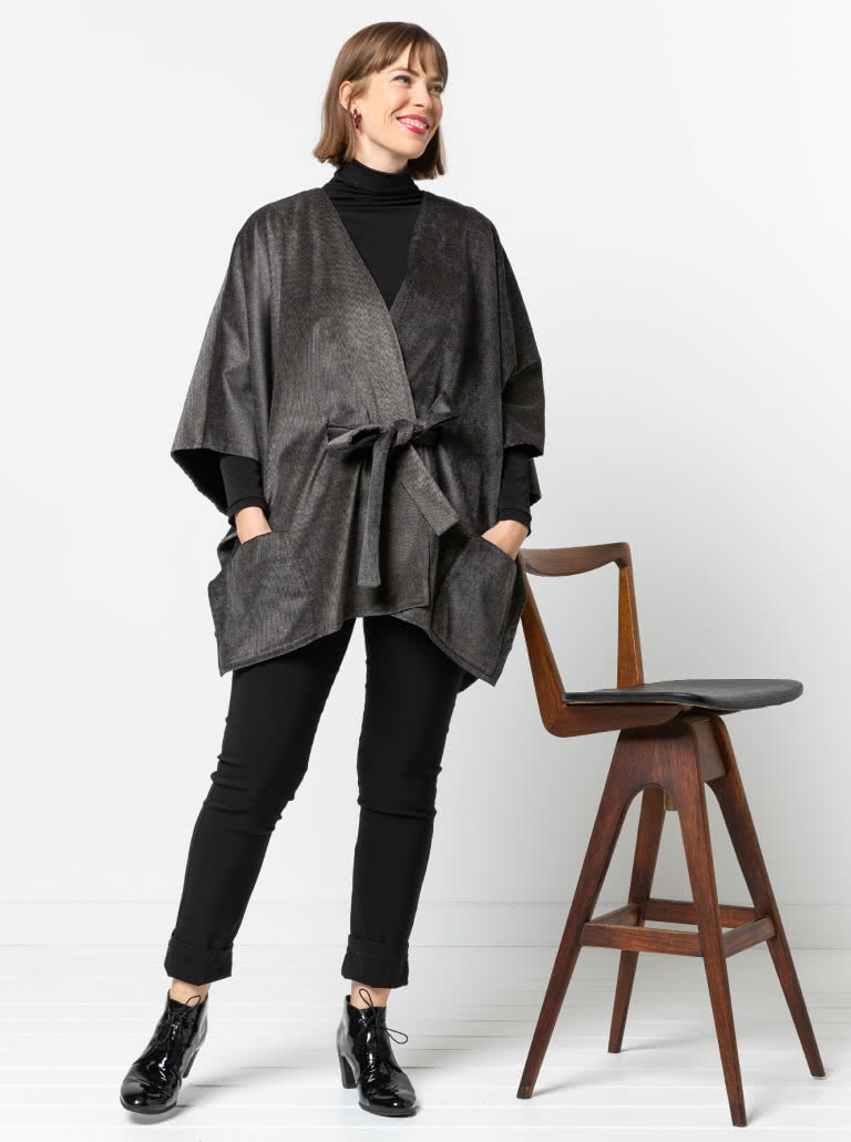 Percy Poncho By Style Arc - Square shaped open front poncho featuring a tie belt and patch pockets