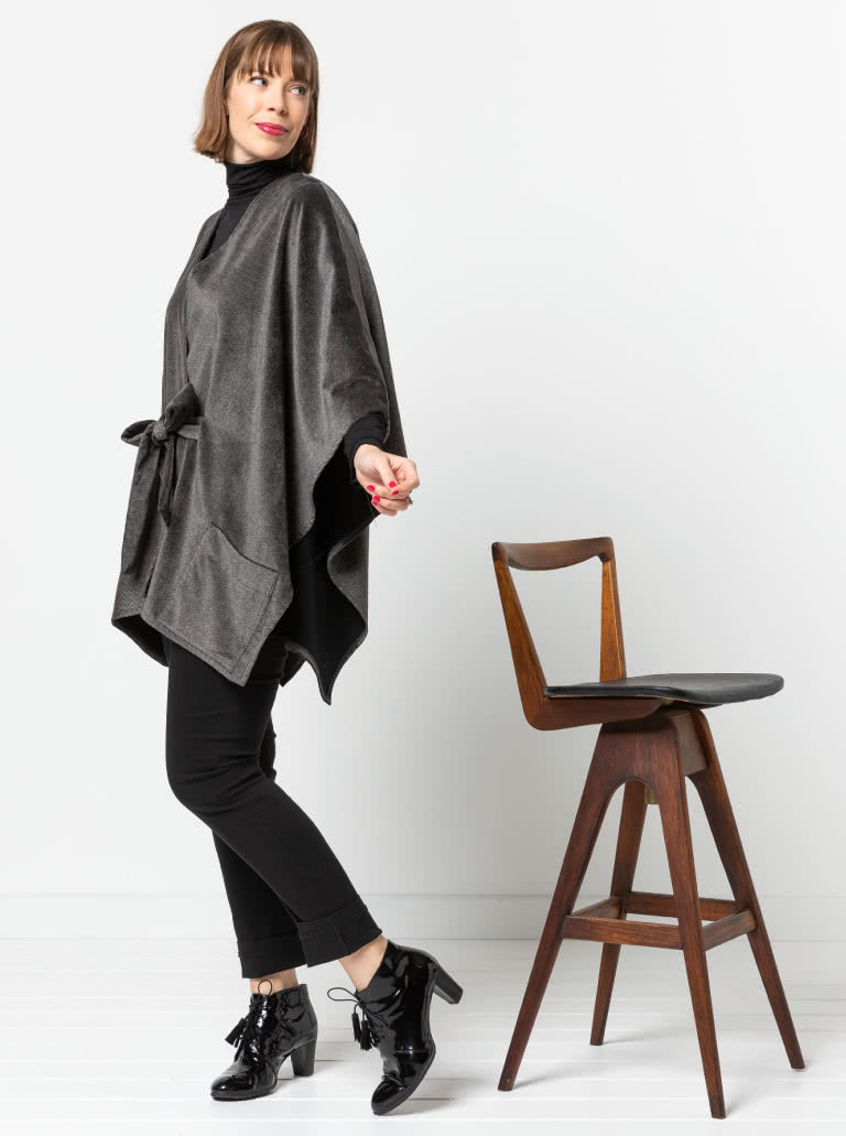 Percy Poncho By Style Arc - Square shaped open front poncho featuring a tie belt and patch pockets