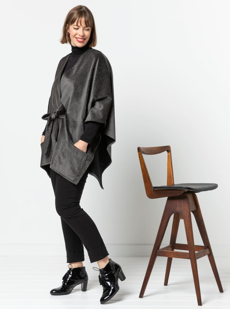 Percy Poncho By Style Arc - Square shaped open front poncho featuring a tie belt and patch pockets