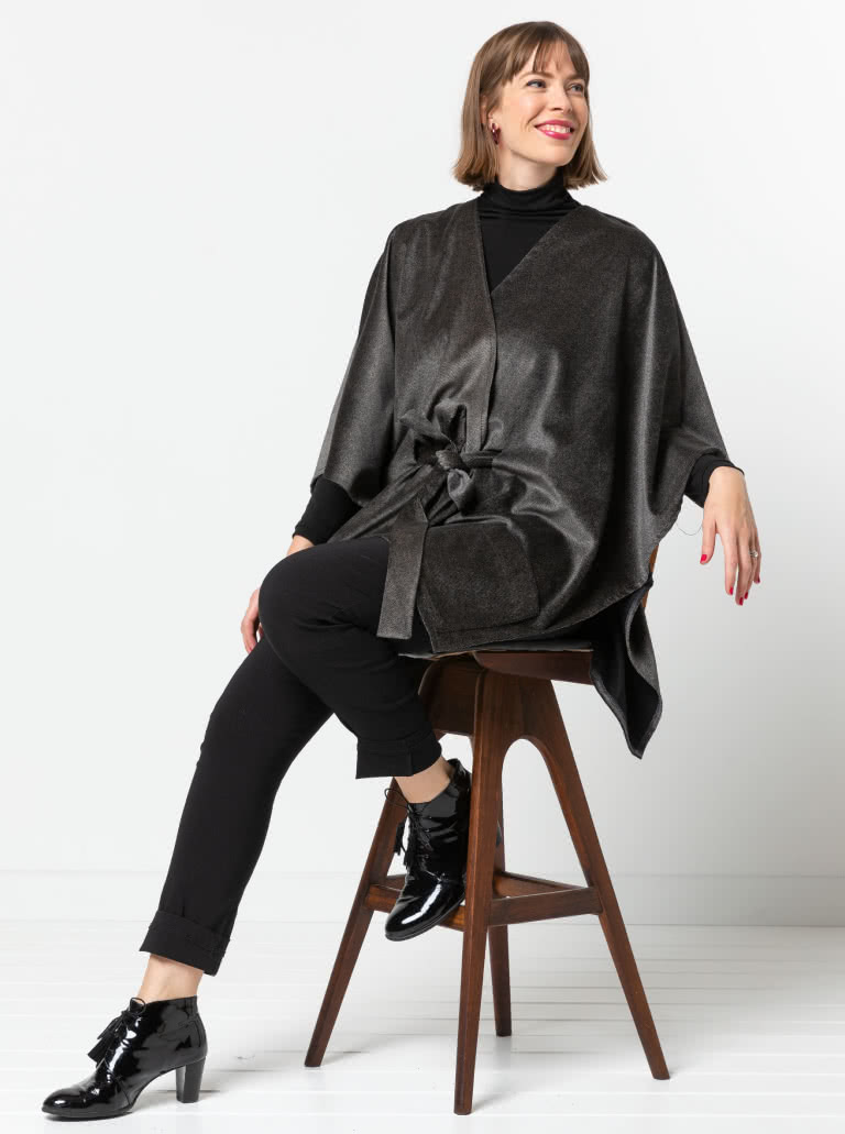 Percy Poncho By Style Arc - Square shaped open front poncho featuring a tie belt and patch pockets