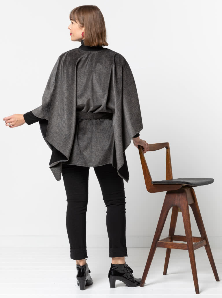 Percy Poncho By Style Arc - Square shaped open front poncho featuring a tie belt and patch pockets