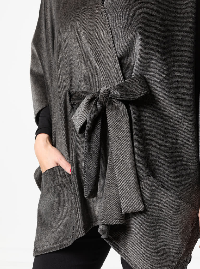 Percy Poncho By Style Arc - Square shaped open front poncho featuring a tie belt and patch pockets