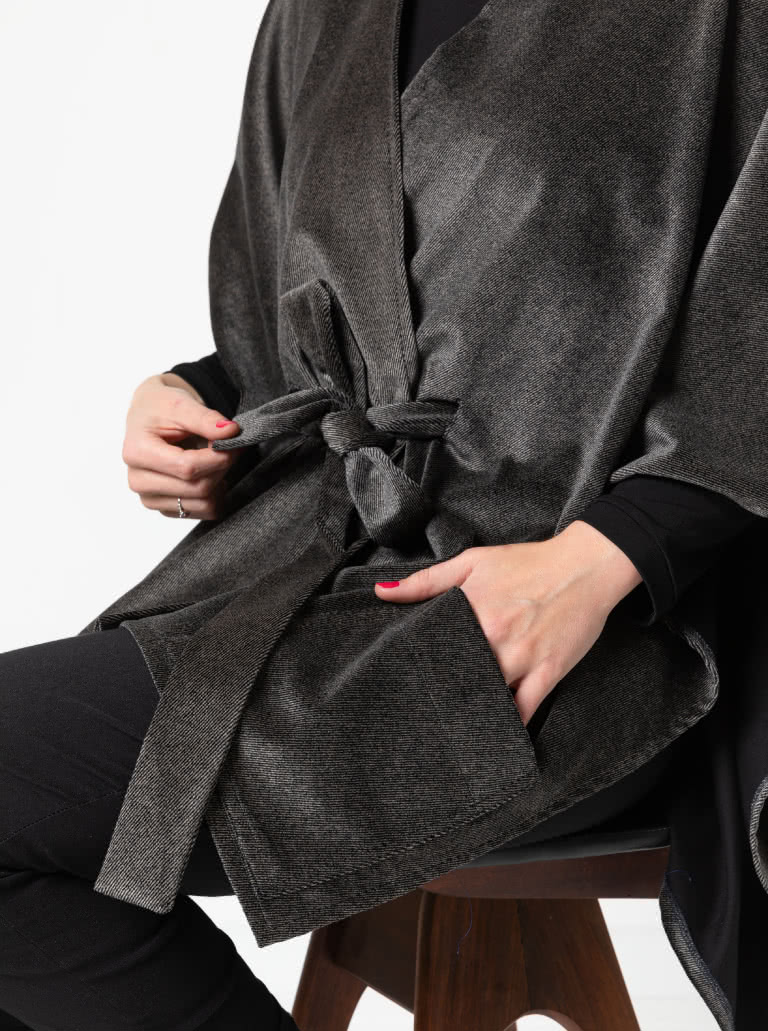 Percy Poncho By Style Arc - Square shaped open front poncho featuring a tie belt and patch pockets