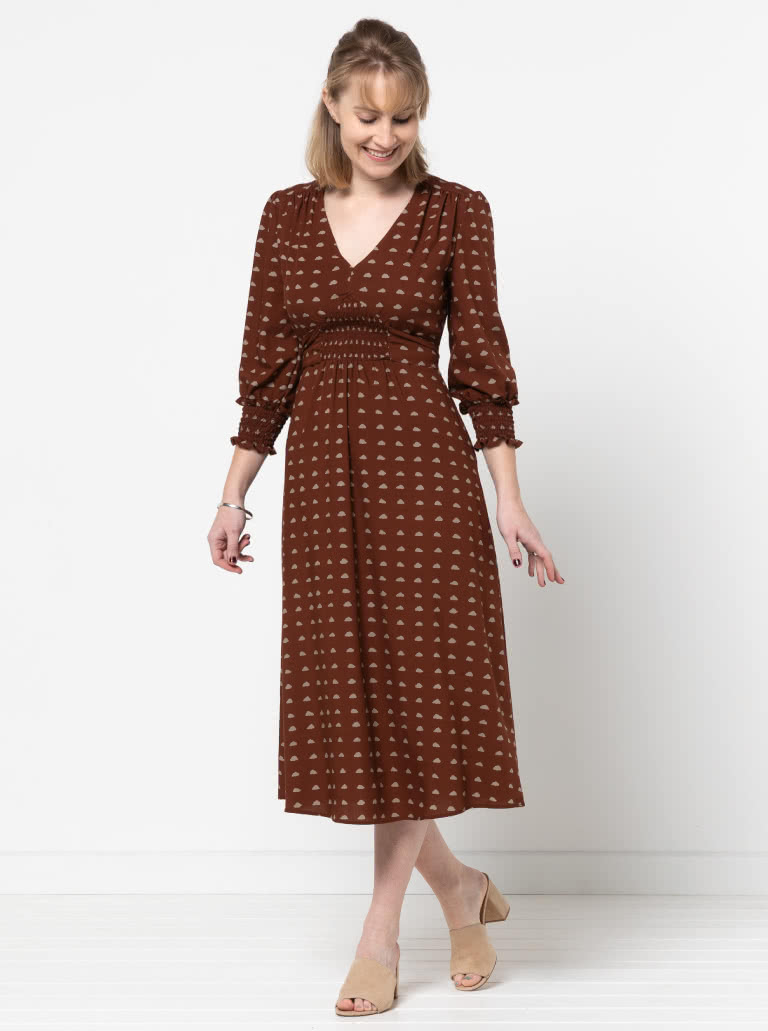 Philomena Woven Dress By Style Arc - Fitted "V" neck dress featuring a shirred waist insert completed with a tie belt. "A" line skirt and 3/4 length sleeves finished off with a shirred cuff.