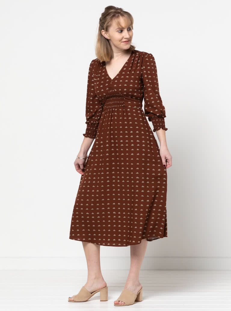 Philomena Woven Dress By Style Arc - Fitted "V" neck dress featuring a shirred waist insert completed with a tie belt. "A" line skirt and 3/4 length sleeves finished off with a shirred cuff.