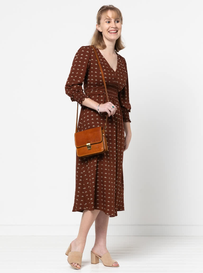 Philomena Woven Dress By Style Arc - Fitted "V" neck dress featuring a shirred waist insert completed with a tie belt. "A" line skirt and 3/4 length sleeves finished off with a shirred cuff.