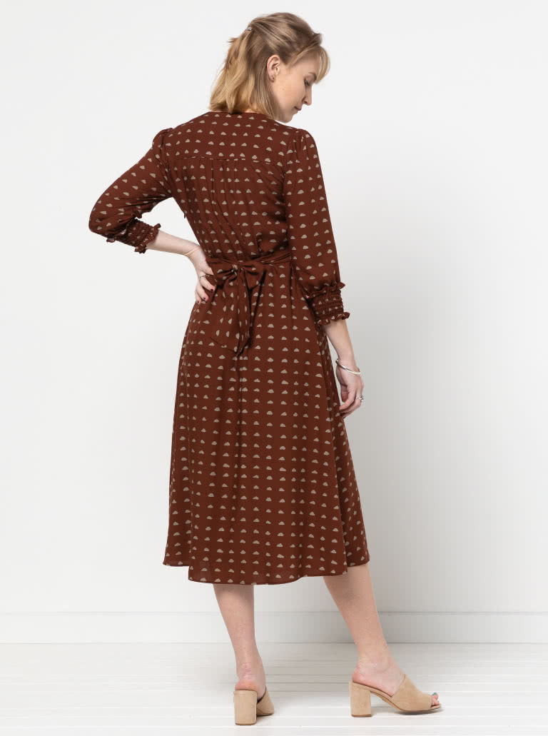 Philomena Woven Dress By Style Arc - Fitted "V" neck dress featuring a shirred waist insert completed with a tie belt. "A" line skirt and 3/4 length sleeves finished off with a shirred cuff.