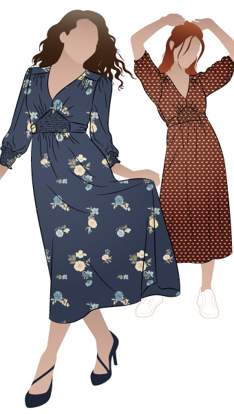 Philomena Woven Dress By Style Arc - Fitted "V" neck dress featuring a shirred waist insert completed with a tie belt. "A" line skirt and 3/4 length sleeves finished off with a shirred cuff.