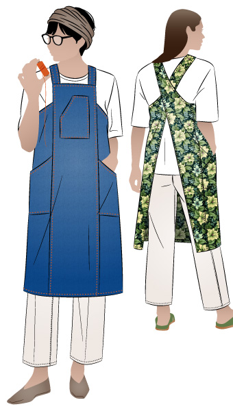 Pinnie Sewing Cooking Apron By Style Arc - Knee length, cross back apron with pockets. Layered pattern includes all sizes.