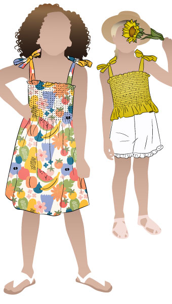 Pippa Kids Dress and Top By Style Arc - Shirred sundress and top, with shoulder ties for kids in sizes 2-8.