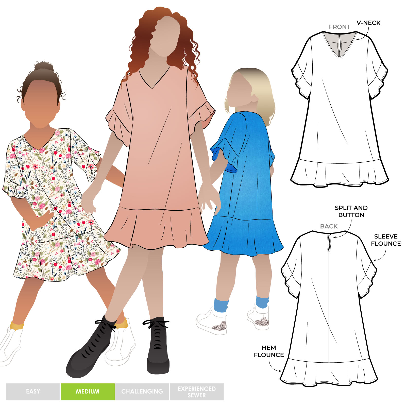 Pixie Kids Woven Dress By Style Arc - Easy fit dress with short sleeve and flounce and hem flounce, for Kids 02-14