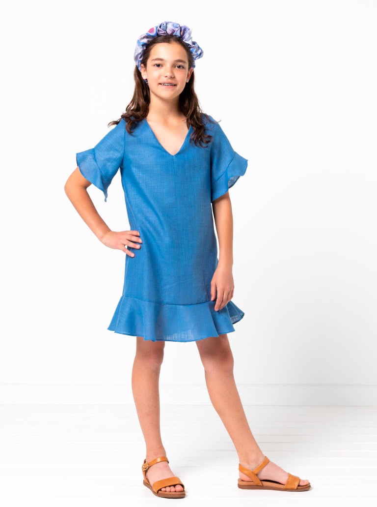 Pixie Kids Woven Dress By Style Arc - Easy fit dress with short sleeve and flounce and hem flounce, for Kids 02-14