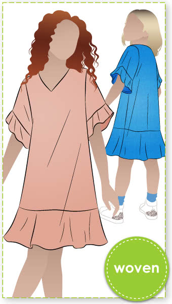 Pixie Kids Woven Dress By Style Arc - Easy fit dress with short sleeve and flounce and hem flounce, for Kids 02-14