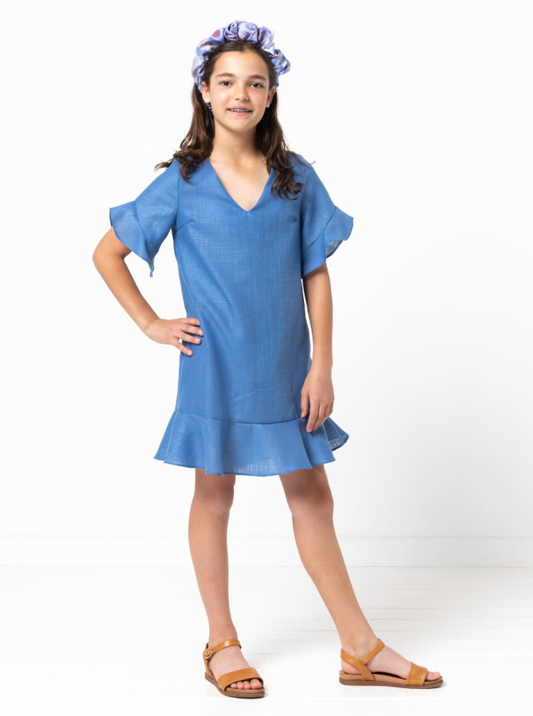 Pixie Teens Woven Dress By Style Arc - Easy fit dress with short sleeve and flounce and hem flounce, for teens 08-16.