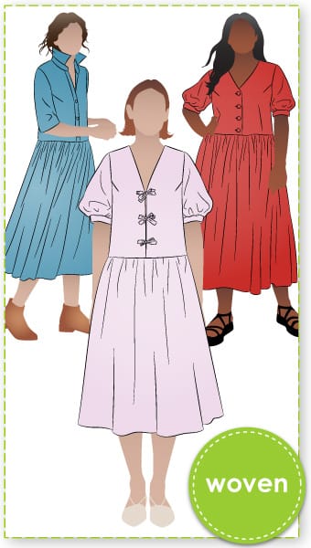 Porter Woven Pack By Style Arc - Low waisted dress and top with four bodice and sleeve options. Gathered skirt with inseam pockets.