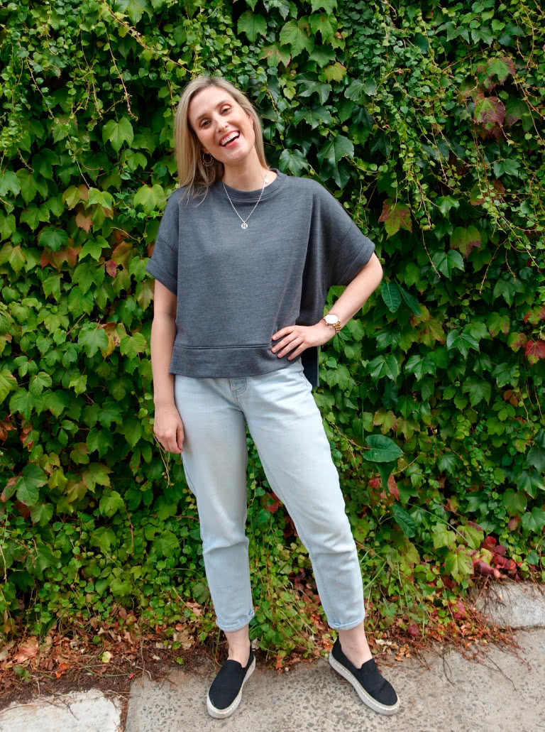 Portsea Luxe Sweat By Style Arc - Square shaped, easy fit, rolled cuffed short sleeved sweatshirt with hi-low hemline.