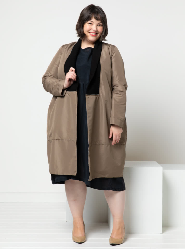 Rana Designer Coat By Style Arc - Designer coat with an interesting shaped silhouette and two collar options, wrap front and inseam pockets.