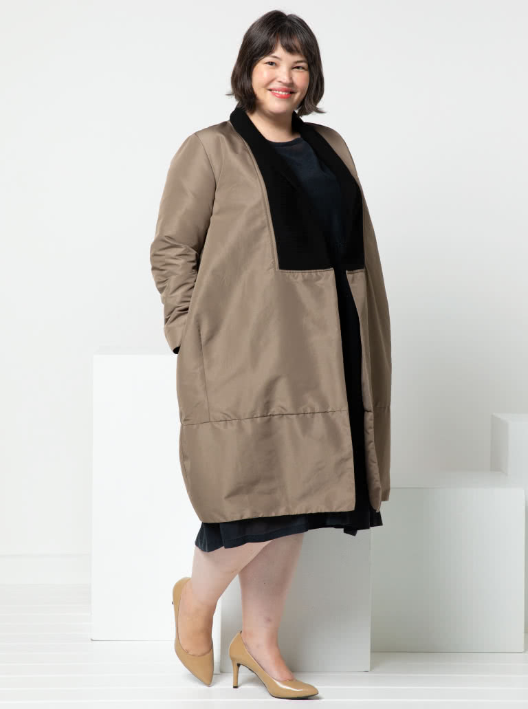 Rana Designer Coat By Style Arc - Designer coat with an interesting shaped silhouette and two collar options, wrap front and inseam pockets.