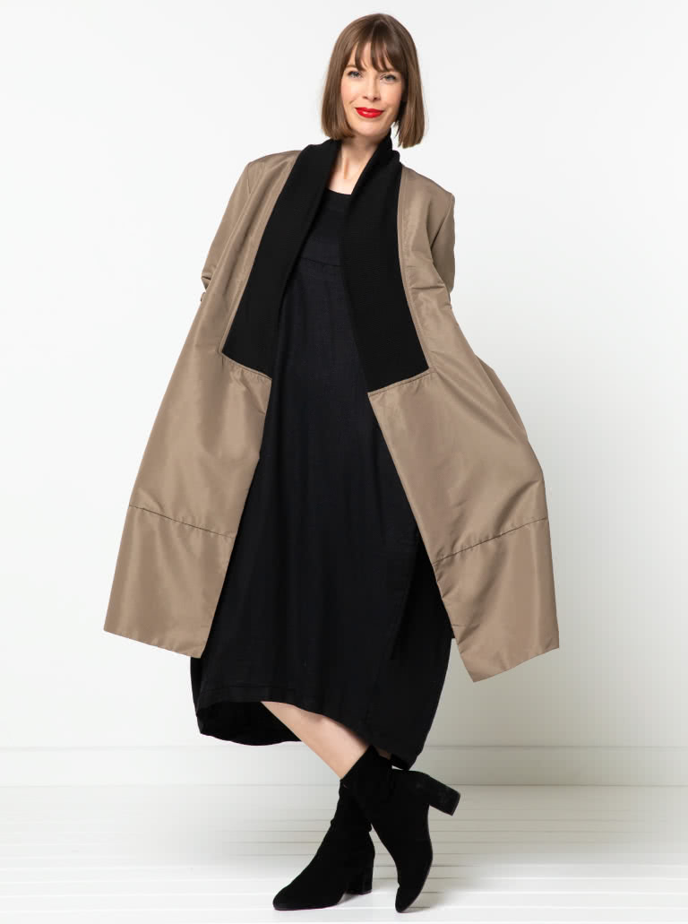 Rana Designer Coat By Style Arc - Designer coat with an interesting shaped silhouette and two collar options, wrap front and inseam pockets.