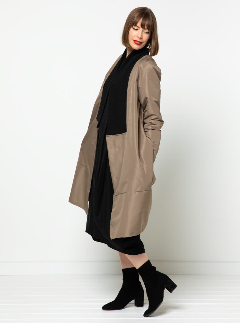 Rana Designer Coat By Style Arc - Designer coat with an interesting shaped silhouette and two collar options, wrap front and inseam pockets.