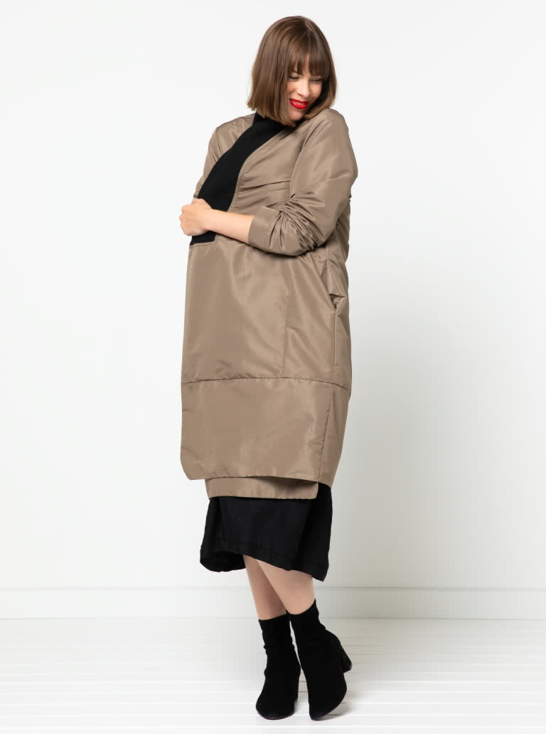 Rana Designer Coat By Style Arc - Designer coat with an interesting shaped silhouette and two collar options, wrap front and inseam pockets.