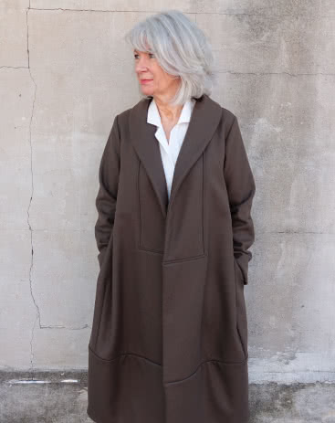 Rana Designer Coat By Style Arc - Designer coat with an interesting shaped silhouette and two collar options, wrap front and inseam pockets.