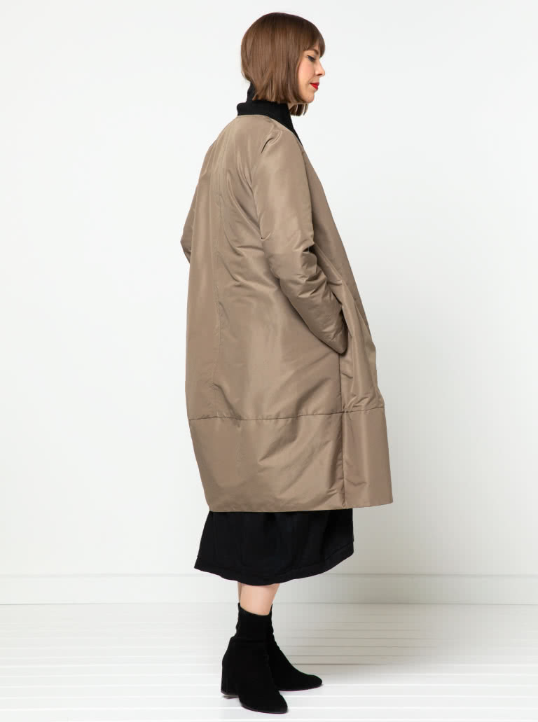 Rana Designer Coat By Style Arc - Designer coat with an interesting shaped silhouette and two collar options, wrap front and inseam pockets.