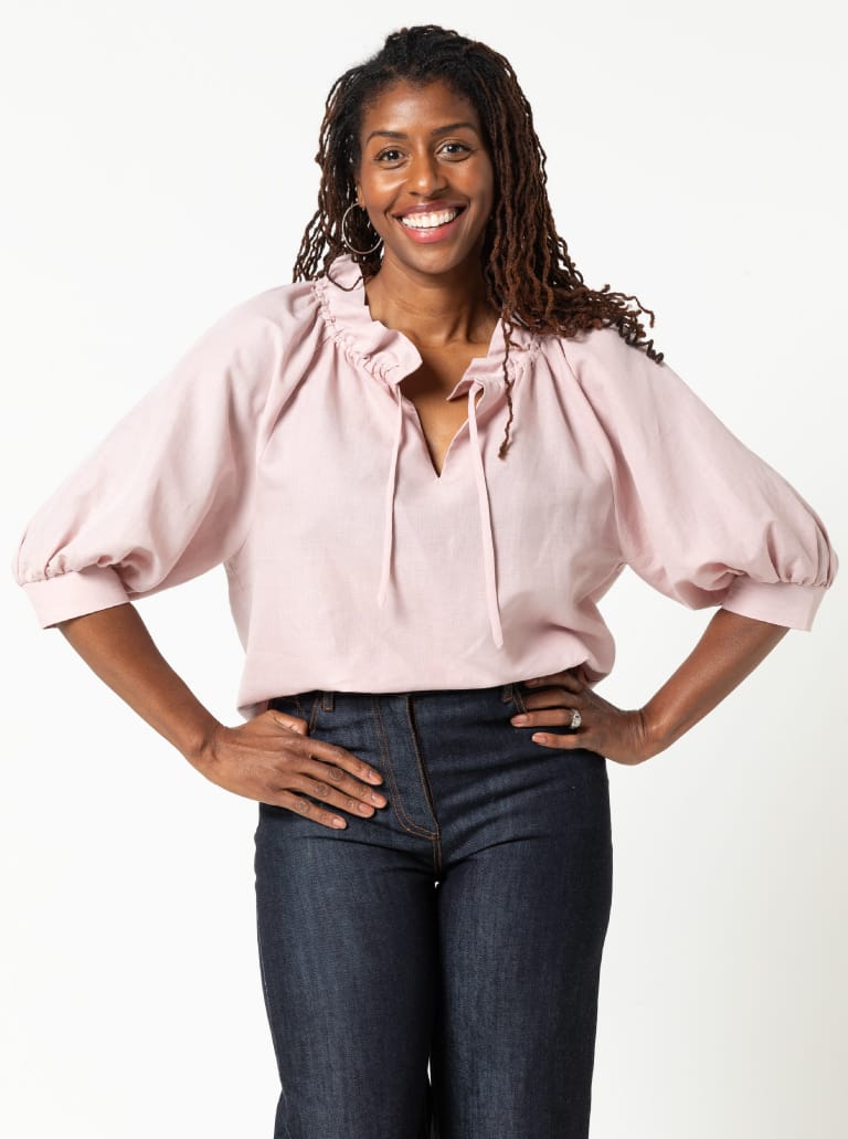 Reynolds Woven Top By Style Arc - Relaxed fit, ruffle neck, elbow length raglan sleeved top.