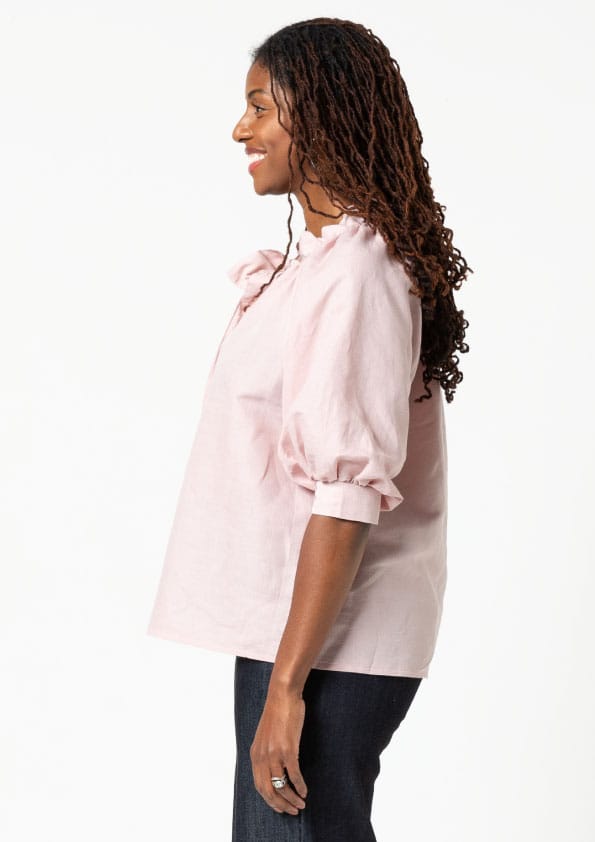Reynolds Woven Top By Style Arc - Relaxed fit, ruffle neck, elbow length raglan sleeved top.