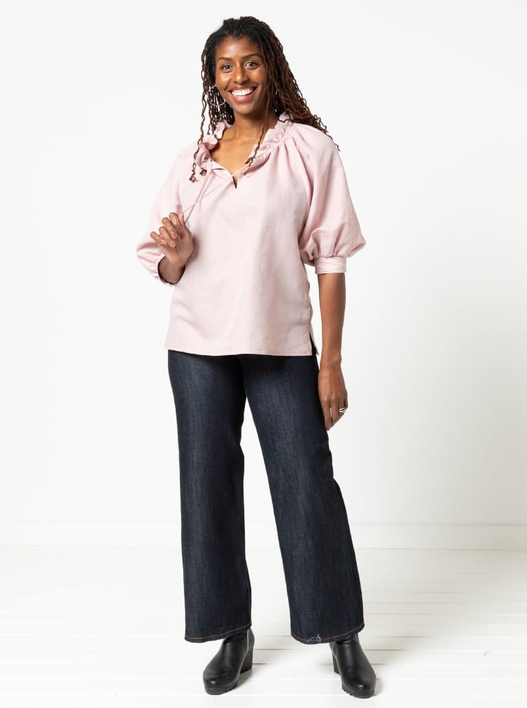 Reynolds Woven Top By Style Arc - Relaxed fit, ruffle neck, elbow length raglan sleeved top.