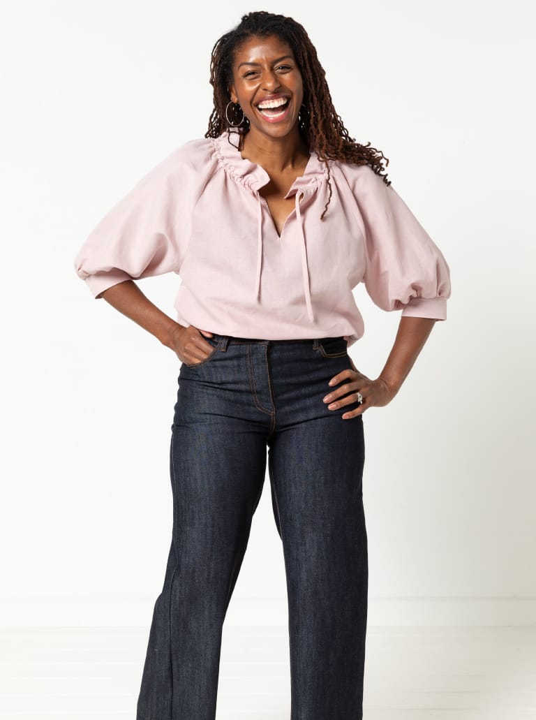 Reynolds Woven Top By Style Arc - Relaxed fit, ruffle neck, elbow length raglan sleeved top.