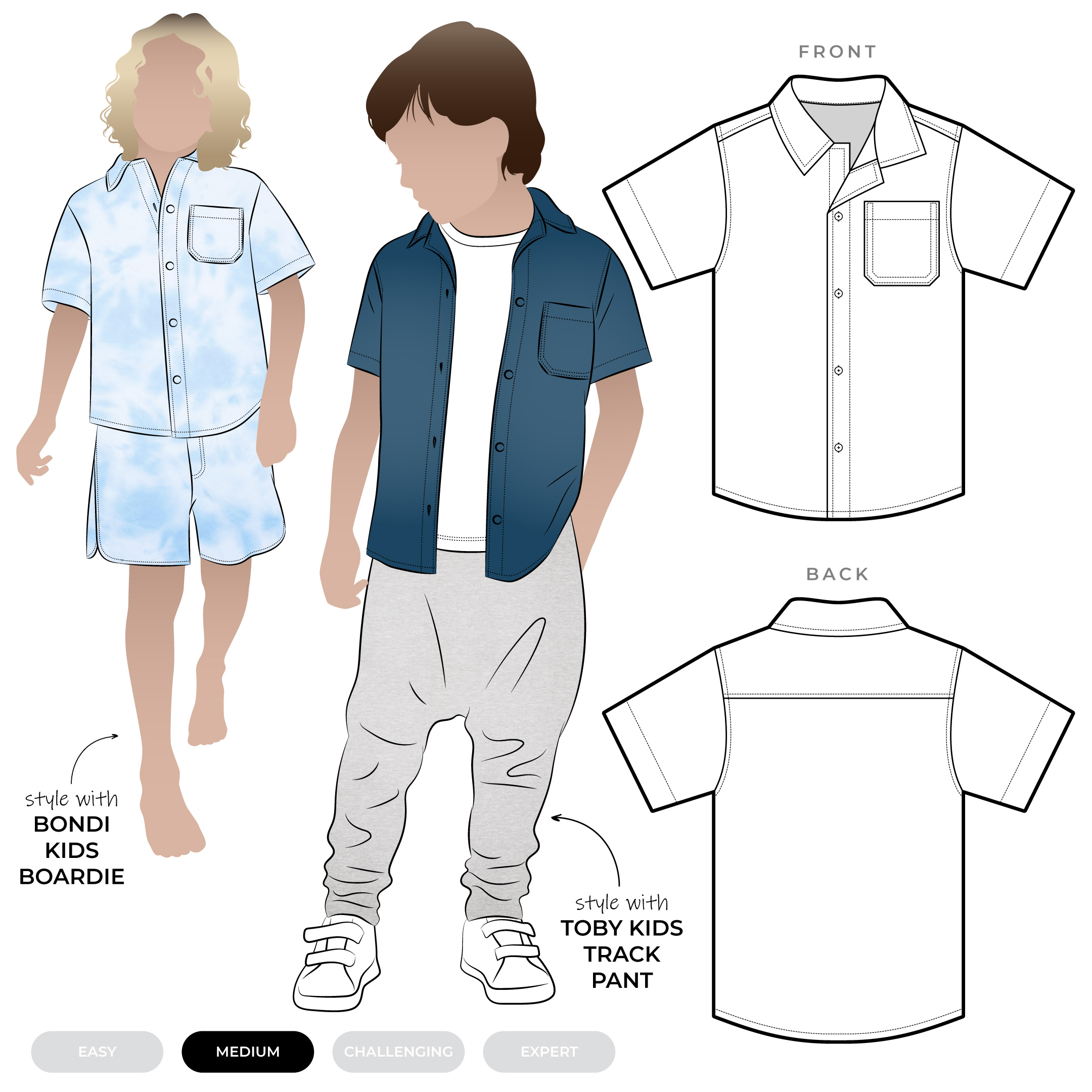 Rhys Kids Overshirt Rhys Kids Overshirt by Style Arc - Button-up shirt with short sleeves and a classic collar, for kids 2-14