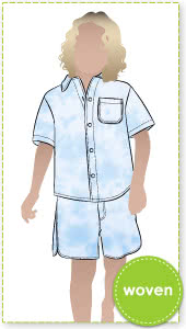 Rhys Overshirt and Bondi Short Kids Bundle By Style Arc - In this fabulous discounted pattern bundle you will receive our Rhys Overshirt with a button front opening, short sleeve and collared shirt, paired with our Bondi Boardie, an elastic waist short with faux fly and option cord ties for kids 2-8