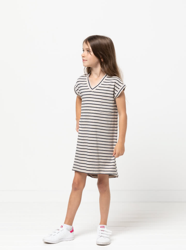 Richie Kids Knit Tunic By Style Arc - Easy fitting knit dress with patch pocket, flattering "V" neckband and hi-low hem, for kids 2 - 8