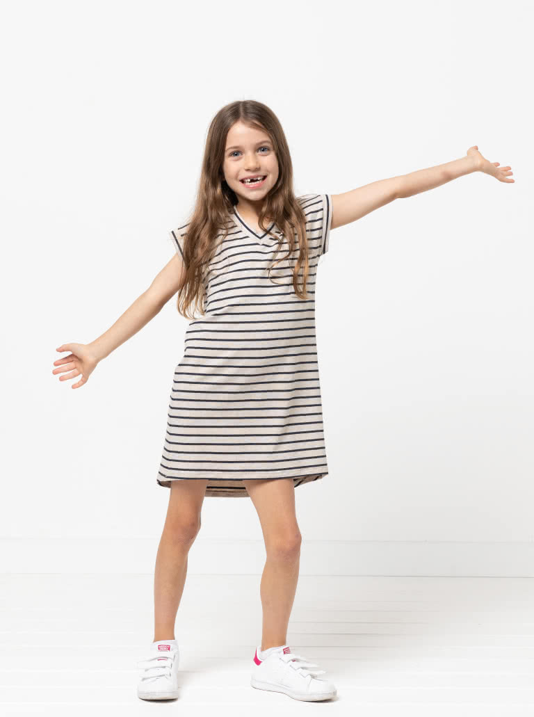Richie Kids Knit Tunic By Style Arc - Easy fitting knit dress with patch pocket, flattering "V" neckband and hi-low hem, for kids 2 - 8
