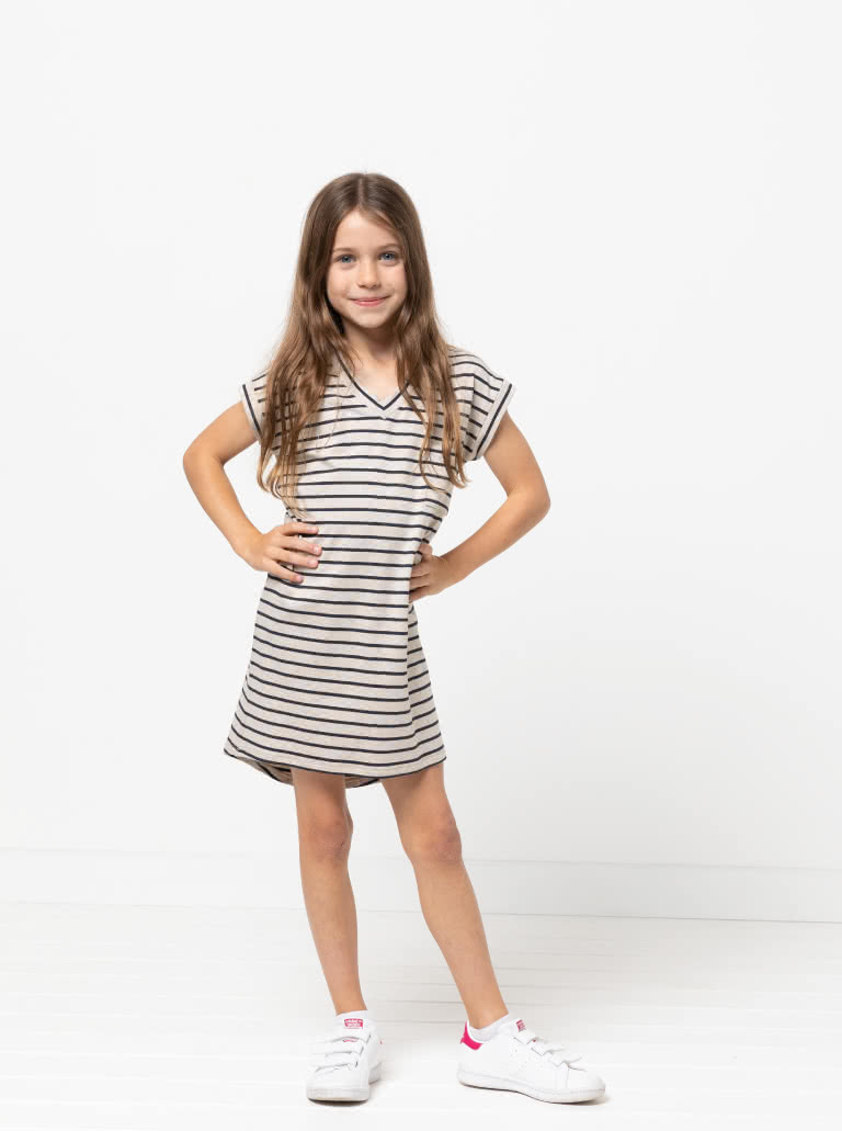 Richie Kids Knit Tunic By Style Arc - Easy fitting knit dress with patch pocket, flattering "V" neckband and hi-low hem, for kids 2 - 8