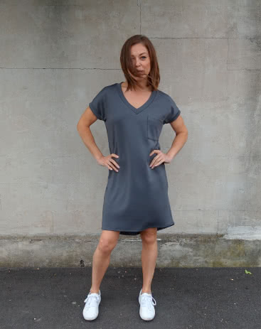Richie Knit Tunic Dress By Style Arc - Classic knit tunic dress featuring extended shoulders with a patch pocket and neck and sleeve bands.