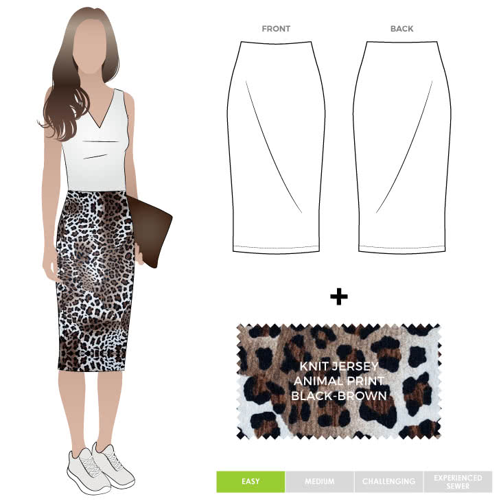 Rita Skirt + Animal Black Brown Jersey Knit Fabric Sewing Pattern Fabric Bundle By Style Arc
