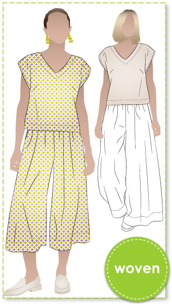 Rumi Bundle By Style Arc - The Rumi Bundle includes beginner-friendly wide-leg pants and an A-line skirt, both with elastic waist and pockets, and a square-shaped top with two neckline options and optional side seam ties.