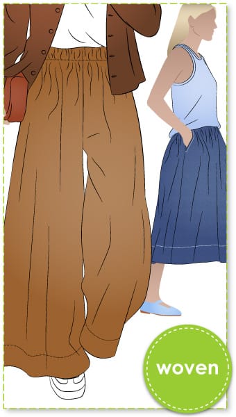 Rumi Woven Skirt and Pant By Style Arc - Beginner-friendly, elastic waist A-line skirt or very wide leg pant, with optional inseam pockets