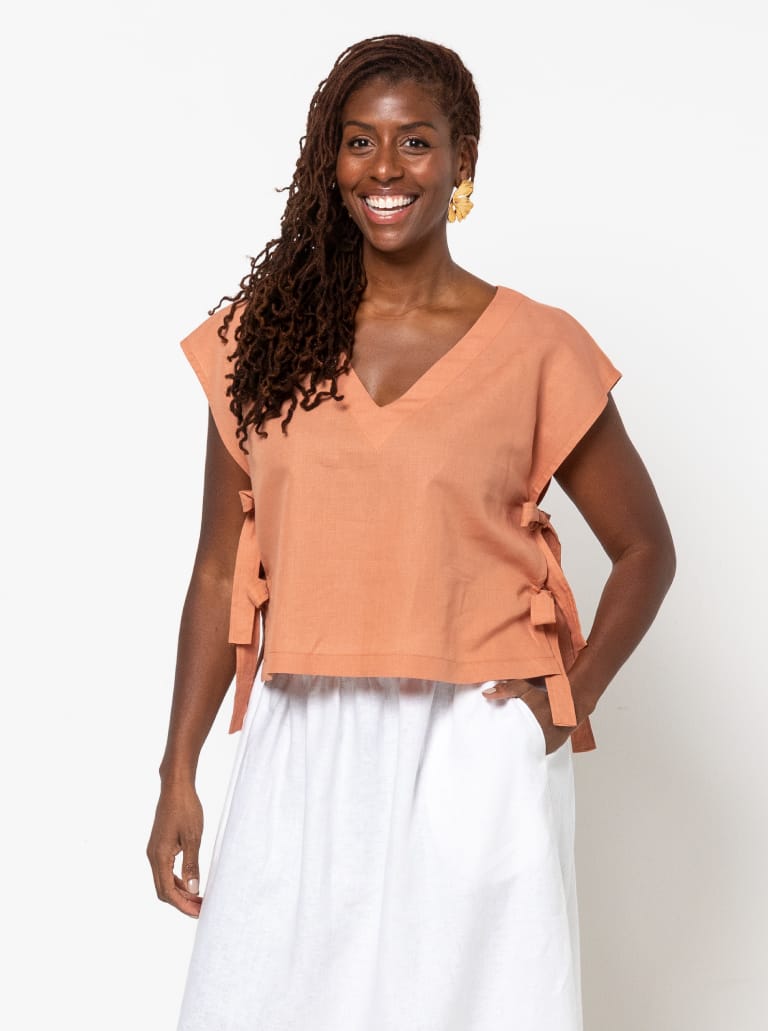 Rumi Woven Top By Style Arc - Beginner-friendly, square-shaped top with V or round neck options and optional side ties. Perfect to pair with the Rumi Pants and Skirt.