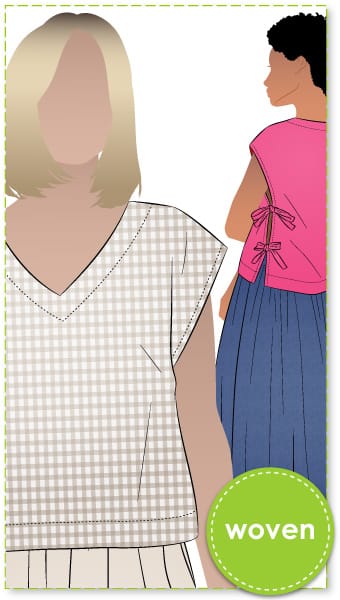 Rumi Woven Top By Style Arc - Beginner-friendly, square-shaped top with V or round neck options and optional side ties. Perfect to pair with the Rumi Pants and Skirt.