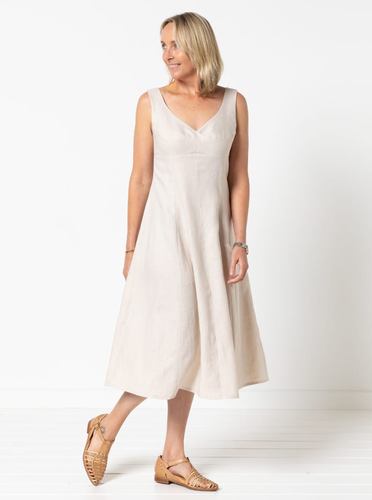 Sabrina Dress By Style Arc - Sleeveless dress with high waisted fitted bodice and gored skirt.