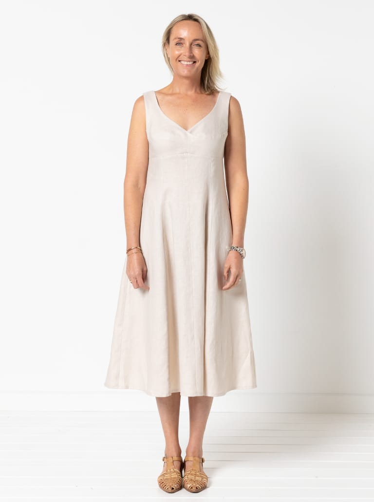 Sabrina Dress By Style Arc - Sleeveless dress with high waisted fitted bodice and gored skirt.