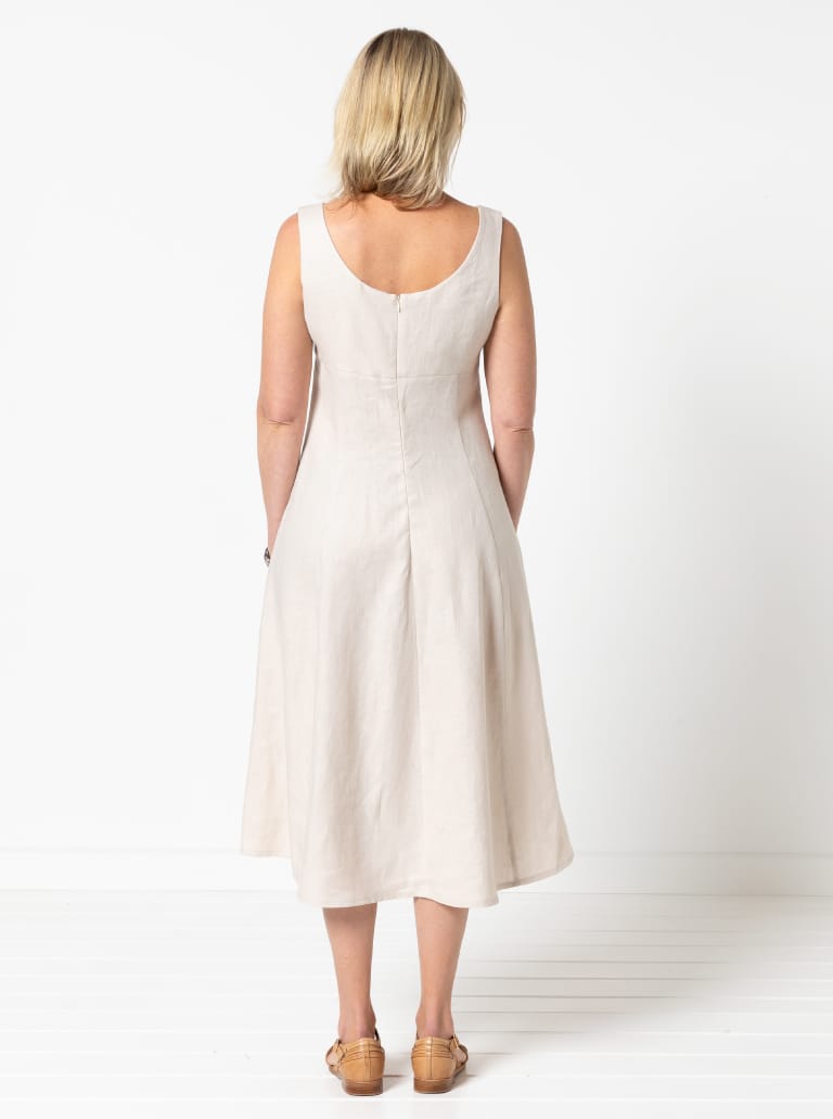 Sabrina Dress By Style Arc - Sleeveless dress with high waisted fitted bodice and gored skirt.