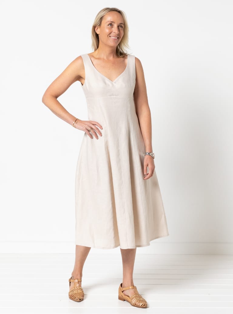 Sabrina Dress By Style Arc - Sleeveless dress with high waisted fitted bodice and gored skirt.