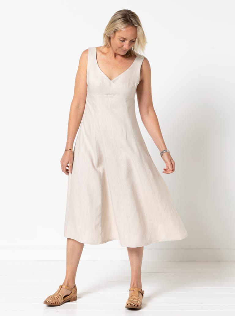 Sabrina Dress By Style Arc - Sleeveless dress with high waisted fitted bodice and gored skirt.