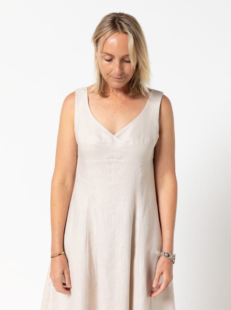 Sabrina Dress By Style Arc - Sleeveless dress with high waisted fitted bodice and gored skirt.