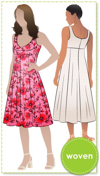 Sabrina Dress By Style Arc - Sleeveless dress with high waisted fitted bodice and gored skirt.